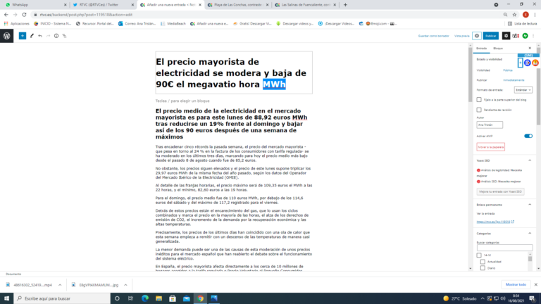 El precio mayorista de electricidad se modera y baja de 90€ el megavatio hora