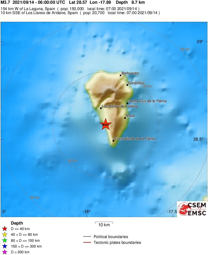 Más de un centenar de seísmos en La Palma, uno de magnitud 3,9