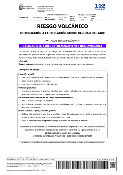 Calidad del aire extremadamente desfavorable en el Valle de Aridane