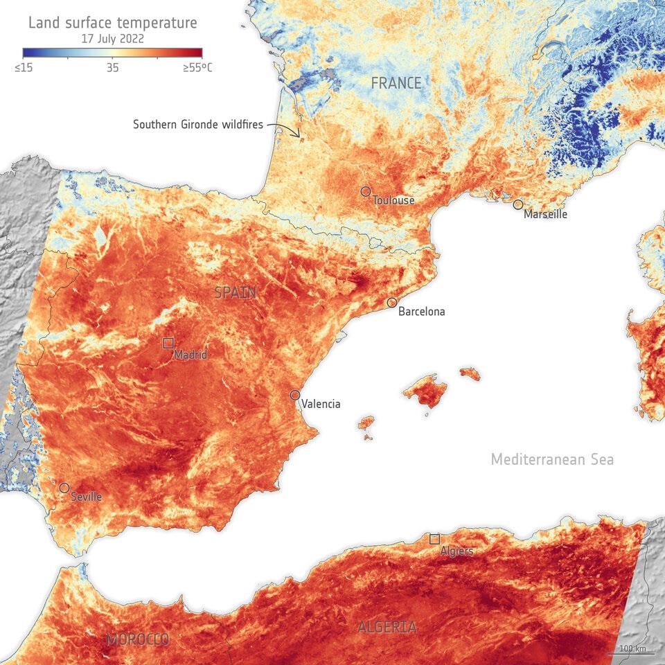 Hasta 55ºC captados por satélites en la superficie terrestre de Europa