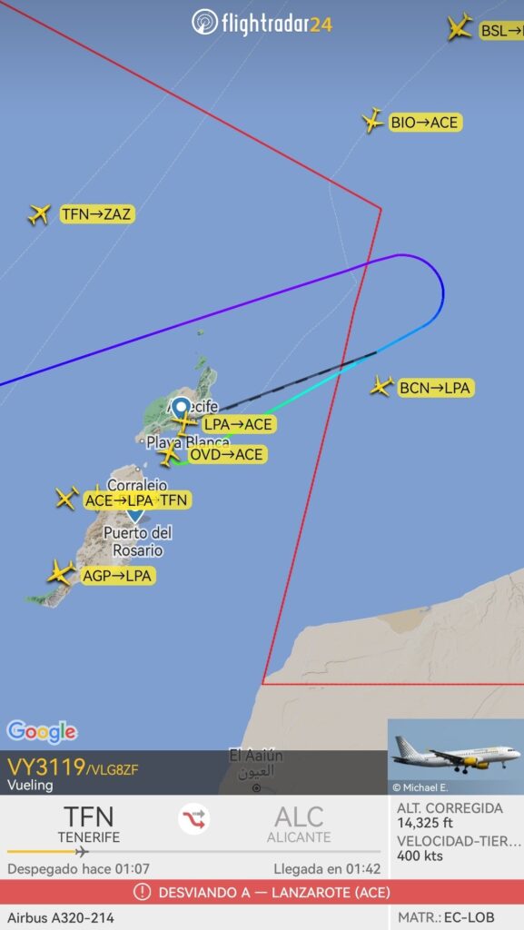Desvían a Lanzarote un vuelo Tenerife-Alicante por afección médica de un niño