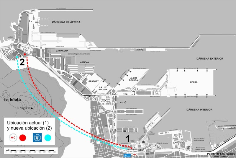 Mapa en el que se pueden ver la actual ubicación de las naves de Cruz Roja y del Programa Mundial de Alimentos . También se recoge el nuevo enclave al que podrán desplazarse entre 2024 y 2025. Tras ello comenzarán las obras para crear una gran zona verde / Autoridad Portuaria de Las Palmas 