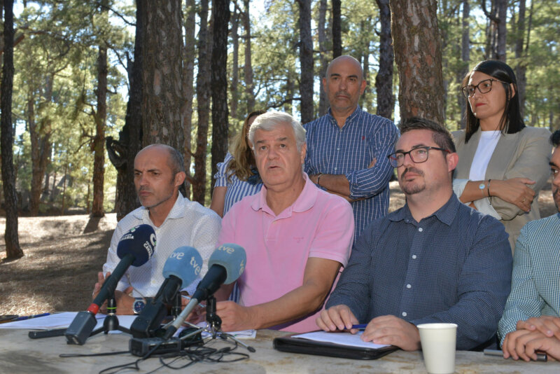 El presidente de Asamblea Herreña, David Cabrera (i), el secretario general del PSOE en El Hierro, Alpidio Armas (c), y el representante de la coalición IUC-Reunir Canarias, Amado Carballo, durante el acto de firma del acuerdo para una futura moción de censura en el Cabildo de El Hierro. EFE/ Gelmert Finol