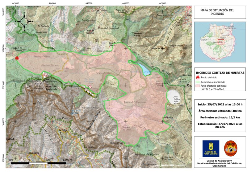 Área afectada por el incendio de Gran Canaria a la hora de la estabilización este jueves a las 00:40. Imagen del Cabildo de Gran Canaria
