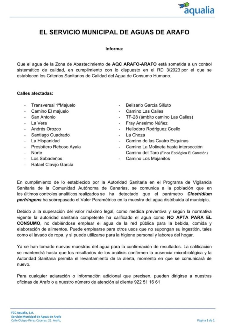 Agua no apta para el consumo en parte del municipio de Arafo