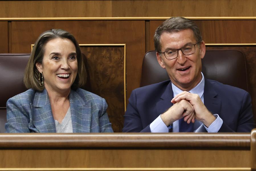 El líder popular, Alberto Núñez Feijóo (d), y su portavoz en el Congreso, Cuca Gamarra, sonríen durante la intervención del líder socialista, Pedro Sánchez, en el primer día del debate de investidura del presidente del Gobierno en funciones, este miércoles, en Madrid. EFE/Javier Lizón