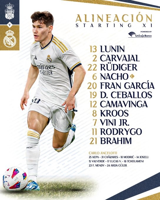 Alineación titular del Real Madrid ante la UD Las Palmas. Foto "X" Real Madrid
