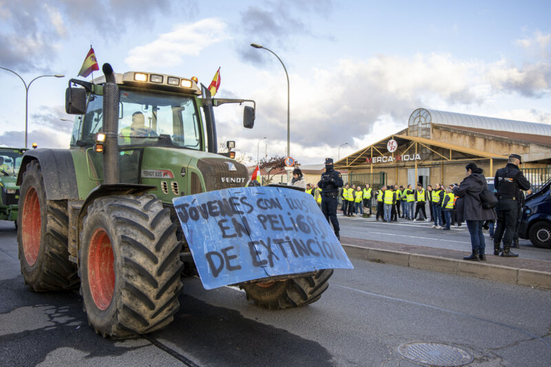 LOGROÑO 19/02/2024.- Más de medio centenar de tractores se encuentran desde primera hora de este lunes en las inmediaciones de MercaRioja, donde los agricultores y ganaderos, en una movilización no comunicada, efectúan algunos cortes intermitentes de furgonetas, sin que se hayan registrado incidentes. EFE/Raquel Manzanares