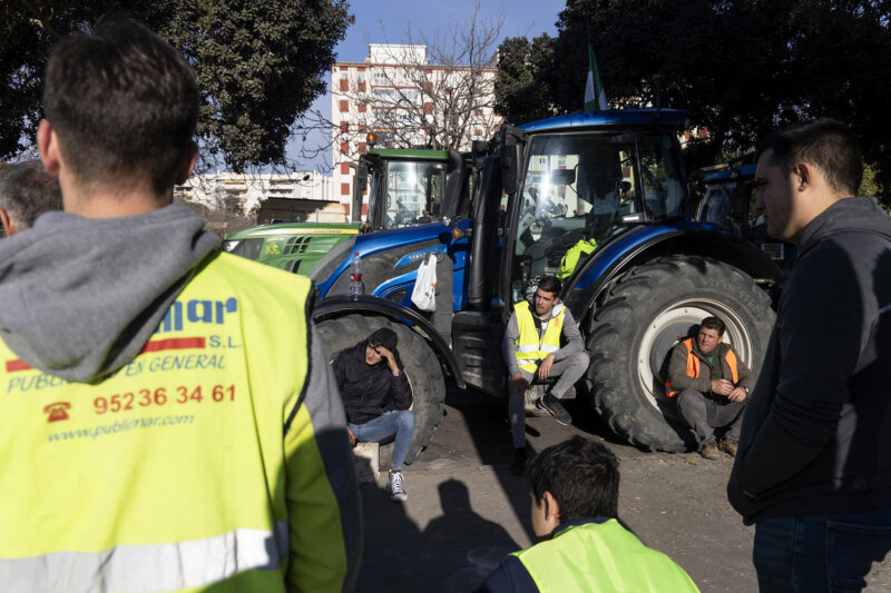 GRAFAND8566. MÁLAGA, 06/02/2024.-Tractores y camiones de los agricultores y ganaderos malagueños bloquean los accesos al Puerto de Málaga para protestar por la crisis del campo, este martes. Las protestas de agricultores, muchas de ellas de productores independientes convocados por las redes sociales, están afectando desde primera horas de este martes a numerosas carreteras de la vía principal y secundaria del país con cortes totales o parciales debido a la presencia de tractores. EFE/Daniel Pérez