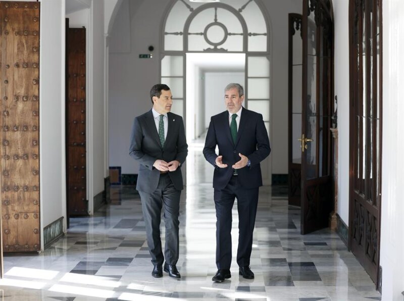 Los presidentes de la Junta de Andalucía, Juanma Moreno (PP) (i) y el del Gobierno de Canarias, Fernando Clavijo (CC), a su llegada al Palacio de San Telmo en Sevilla donde se han reunido para tratar asuntos de interés compartido, como serán la inmigración o la financiación autonómica. EFE/José Manuel Vidal