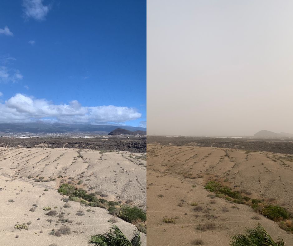 Canarias alerta. Misma imagen de El Médano en un día sin calima y en otro con calima. Foto RTVC