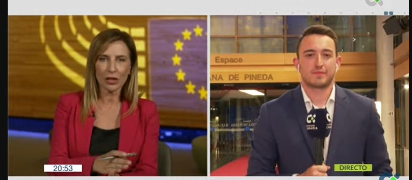 Imagen del Telenoticias 2 con Pilar Rumeu y Javier Espinar desde Estrasburgo. Foto RTVC