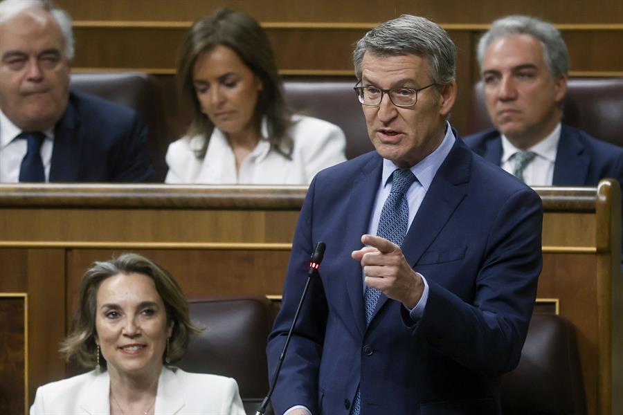 El líder del PP, Alberto Núñez Feijóo, en la sesión de control al Gobierno. Imagen EFE