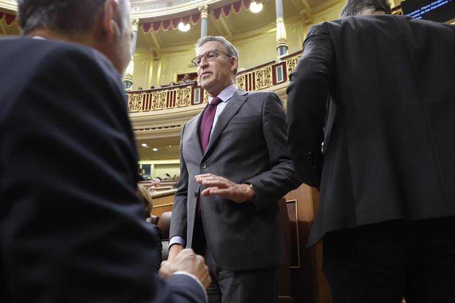 El líder del Partido Popular, Alberto Núñez-Feijoo, durante la sesión de control que se celebra, este miércoles, en el Congreso de los Diputados en Madrid. EFE/ Mariscal