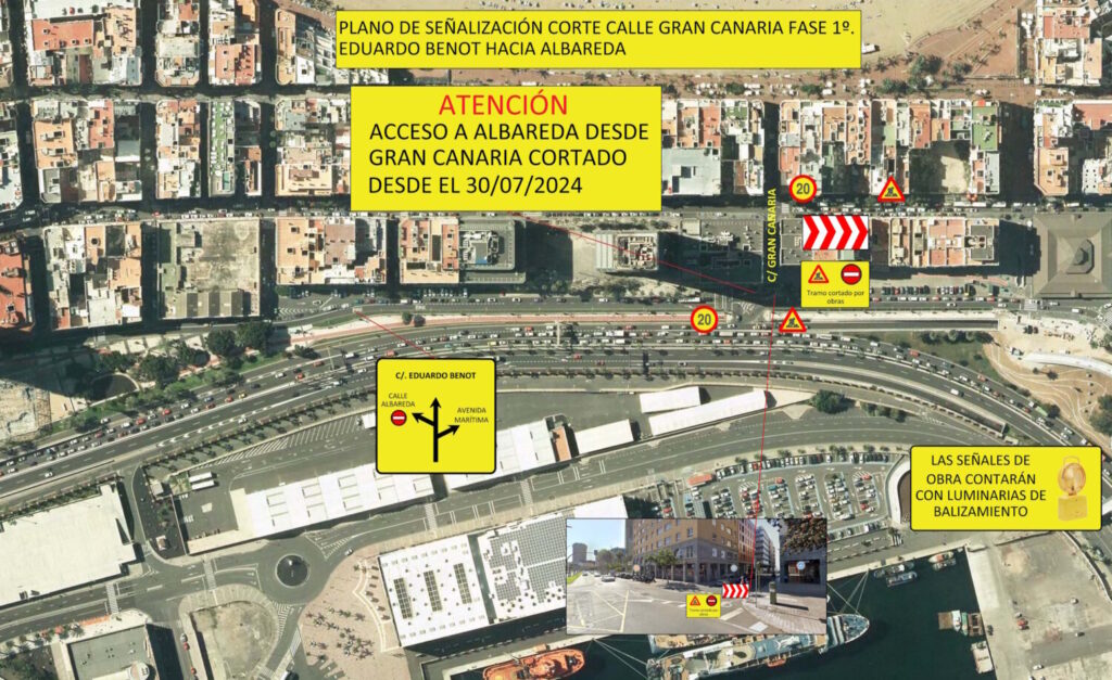  El Ayuntamiento de Las Palmas de Gran Canaria sigue avanzando en el tramo 8 de la Metroguagua y procederá, a partir del próximo martes, 30 de julio, al corte del acceso a la calle Albareda desde Eduardo Benot por el carril de la calle Gran Canaria.Este cierre no afectará a la salida de La Isleta por la calle Gran Canaria, cuyo carril quedará abierto en sentido hacia la Avenida Marítima (GC-1). Asimismo, se procederá a mejorar la frecuencia semafórica con el fin de dar prioridad al tráfico de la calle Albareda y disminuir, de esta forma, el impacto de los cortes programados.El cierre del carril de la calle Gran Canaria en sentido Albareda se realiza para iniciar el proceso de acopio de material para el tramo 8 del servicio de transporte público urbano rápido y de alta capacidad. Sin embargo, los trabajos desarrollados por la Concejalía de Planificación, Desarrollo Urbano y Vivienda no comenzarán hasta que finalicen las obras de renovación y mejora en la red de saneamiento de aguas de la calle Juan Manuel Durán.Esta última actuación, que se está realizando en periodo estival para minimizar las molestias a la ciudadanía, se ha agilizado de manera notable y se espera que esté culminada a finales de la próxima semana. Esta fecha supone más de diez días antes de la previsión inicial gracias al trabajo coordinado desarrollado entre el Ayuntamiento y Emalsa.AperturasLos trabajos en el tramo 8 de la Metroguagua avanzan y ya el pasado miércoles se retomó la circulación en el carril para Guaguas Municipales entre el túnel de la calle Pérez Muñoz y la terminal de Manuel Becerra.Así, las líneas 1, 2, 12, 24, 33, 47, X47 y L1, a partir de la calle Agustín Millares Sal, seguirán por la rodonal del Castillo de La Luz. En este punto se ubicará una parada provisional, antes de finalizar el trayecto en la Plaza Manuel Becerra, y se suprimirá la que se había habilitado de forma temporal en la calle La Naval.