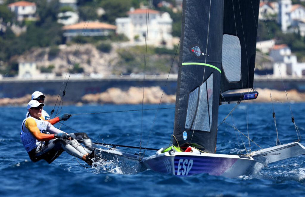 Paris 2024 Olympics - Sailing Training - Marseille Marina, Marseille, France - July 23, 2024. Spain team during training. REUTERS/Andrew Boyers
