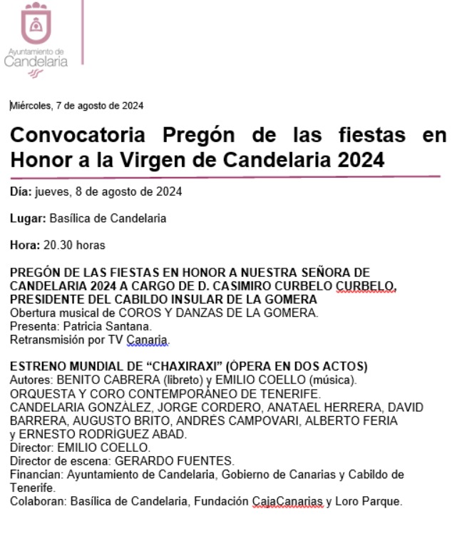 Televisión Canaria rinde honor a Candelaria con la emisión del Pregón de las Fiestas de la Patrona