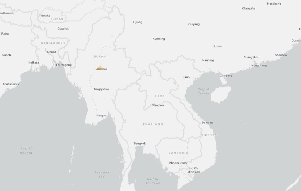 Terremoto de magnitud 7,7 en el noroeste de Birmania. Lugar del epicentro del terremoto de magnitud 7,7 en la escala abierta de Richter registrado en Birmania/ USGS.
