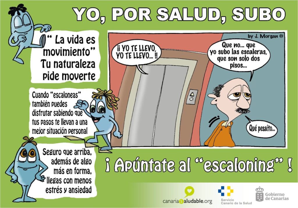 El SCS promueve el uso de las escaleras en el Día Mundial sin Ascensor. Una de las viñetas de J. Morgan para la campaña/ SCS.
