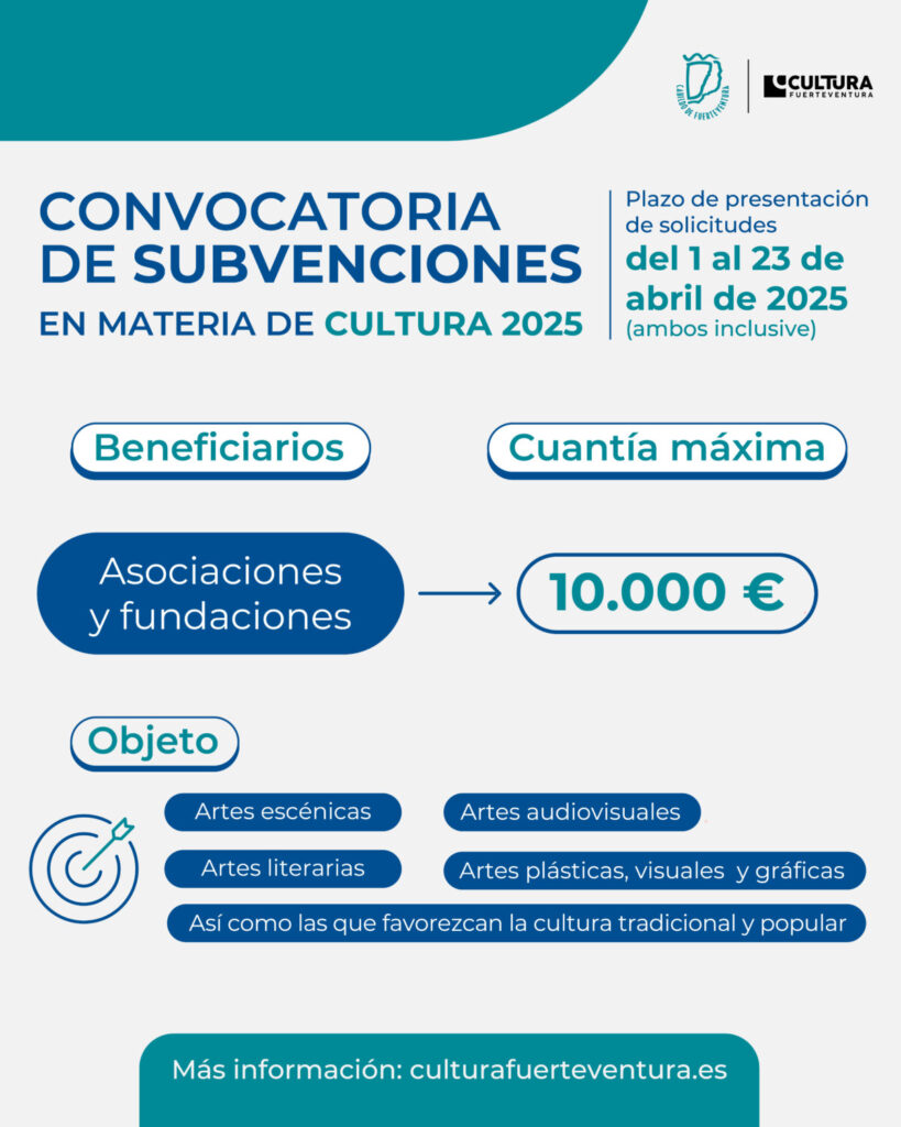 Fuerteventura abre la convocatoria de ayudas para asociaciones y colectivos culturales. Convocatoria de subvenciones en Materia de Cultura del Cabildo de Fuerteventura/ Cabildo de Fuerteventura.