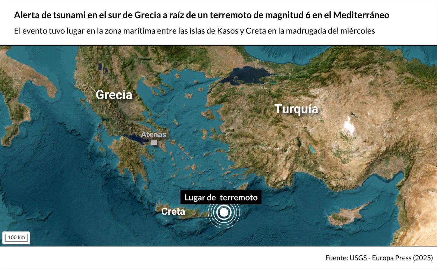 Mapa con lugar del terremoto en el Mediterráneo. Las autoridades griegas han emitido una alerta de tsunami como medida de precaución ante la detección de un terremoto de magnitud 6 en la escala de Richter en la zona marítima entre las islas de Kasos y Creta en la madrugada de este miércoles. Europa Press