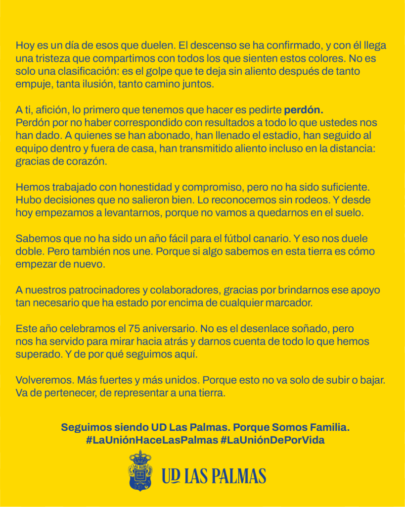 Comunicado de la U.D. Las Palmas tras consumarse descenso a Segunda División 