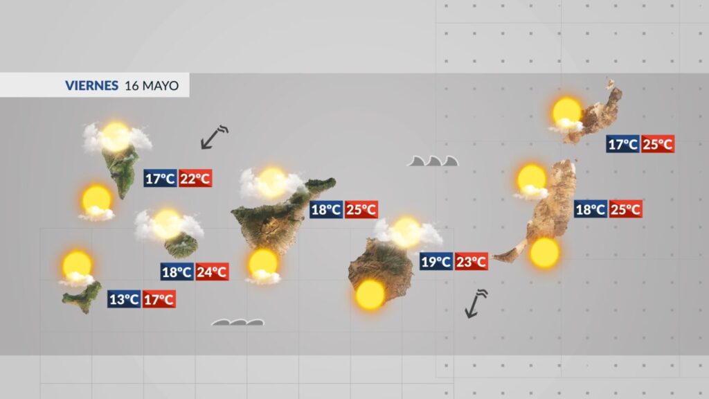 Mapa de la previsión del tiempo para Canarias para este viernes 16 de mayo de 2025 / RTVC 