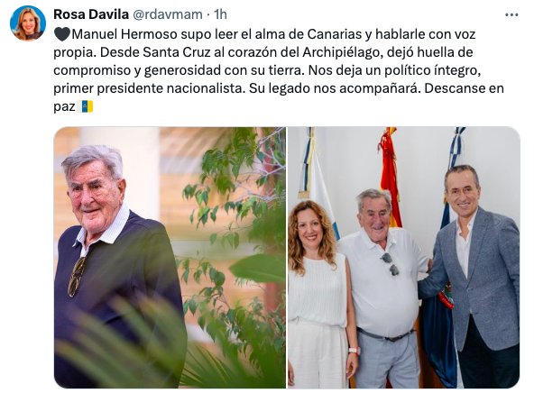 La presidenta del Cabildo de Tenerife, Rosa Dávila, publicó sus condolencias en X por la muerte de Manuel Hermoso