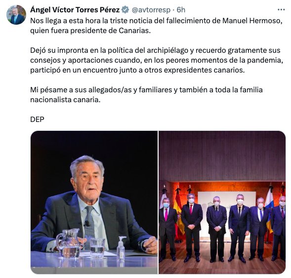 Ángel Víctor Torres, expresidente de Canarias, muestra sus condolencias en X por la muerte de Manuel Hermoso Rojas