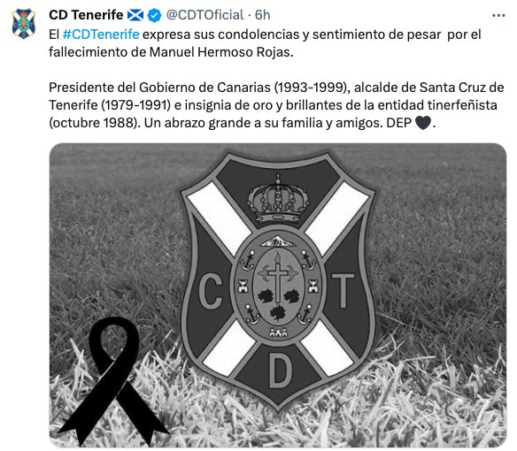 Condolencias del CD Tenerife por la muerte de Manuel Hermoso en X