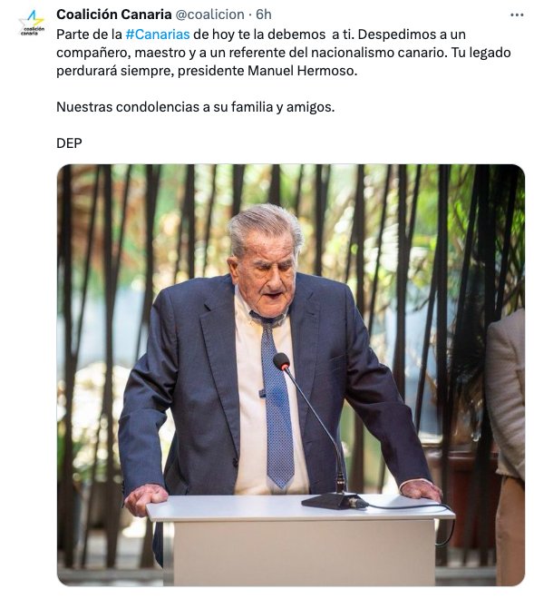 Coalición Canaria muestra sus condolencias por la muerte de Manuel Hermoso 