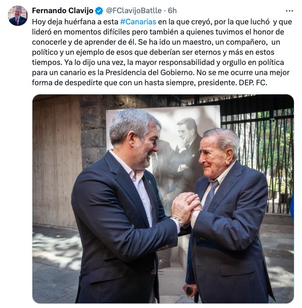 Fernando Clavijo, presidente de Canarias, muestra sus condolencias por la muerte de Manuel Hermoso Rojas en X