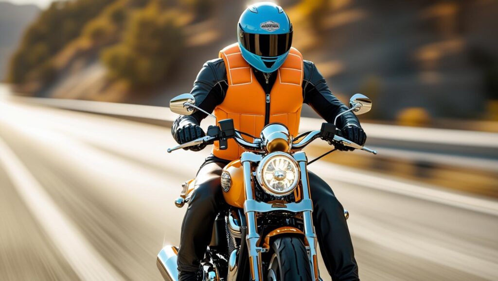 Motorista conduciendo con chaleco airbag por una autopista