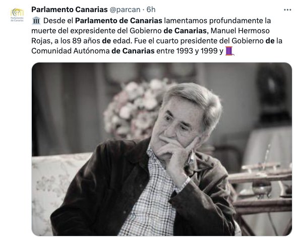 condolencias del Parlamento de Canarias en X por la muerte de Manuel Hermoso 