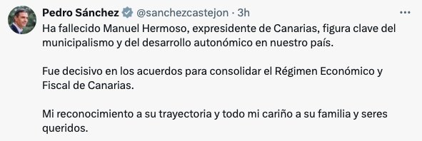 Pedro Sánchez muestra sus condolencias por la muerte de Manuel Hermoso 