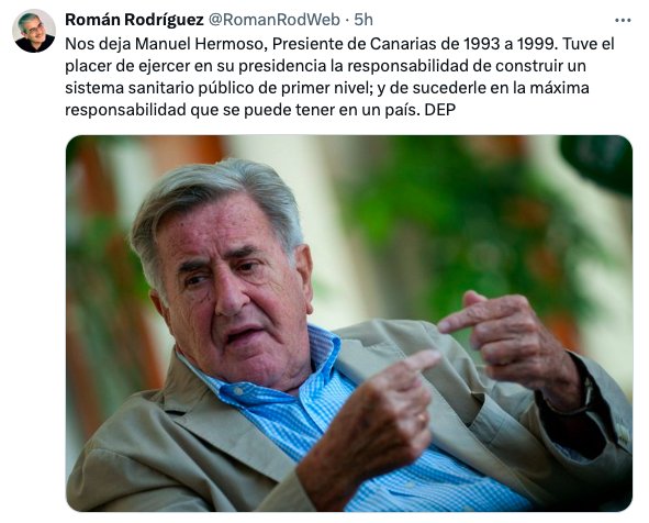 Román Rodríguez, Expresidente de Canarias, muestra sus condolencias por la muerte de Manuel Hermoso en X