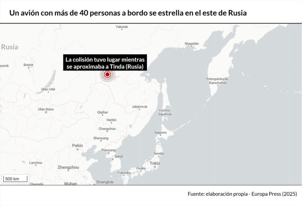 Punto del lugar entre Rusia y China en el que se estrelló el avión con 49 personas a bordo