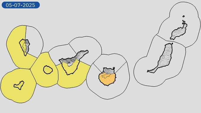 Avisos por viento, estado del mar y altas temperaturas de la Aemet para este viernes, 4 de julio, en Canarias. Gráfico Aemet Canarias