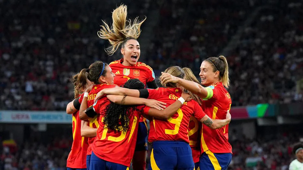 Las jugadoras de España celebran uno de los goles conseguidos ante Portugal. Imagen UEFA
