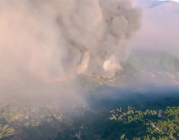 Un total de 250 profesionales de distintas administraciones luchan por tierra y por aire contra las llamas del incendio que se declaró anoche en el Barranco de las Cinco Villas (Ávila). EFE/ INFOCAL