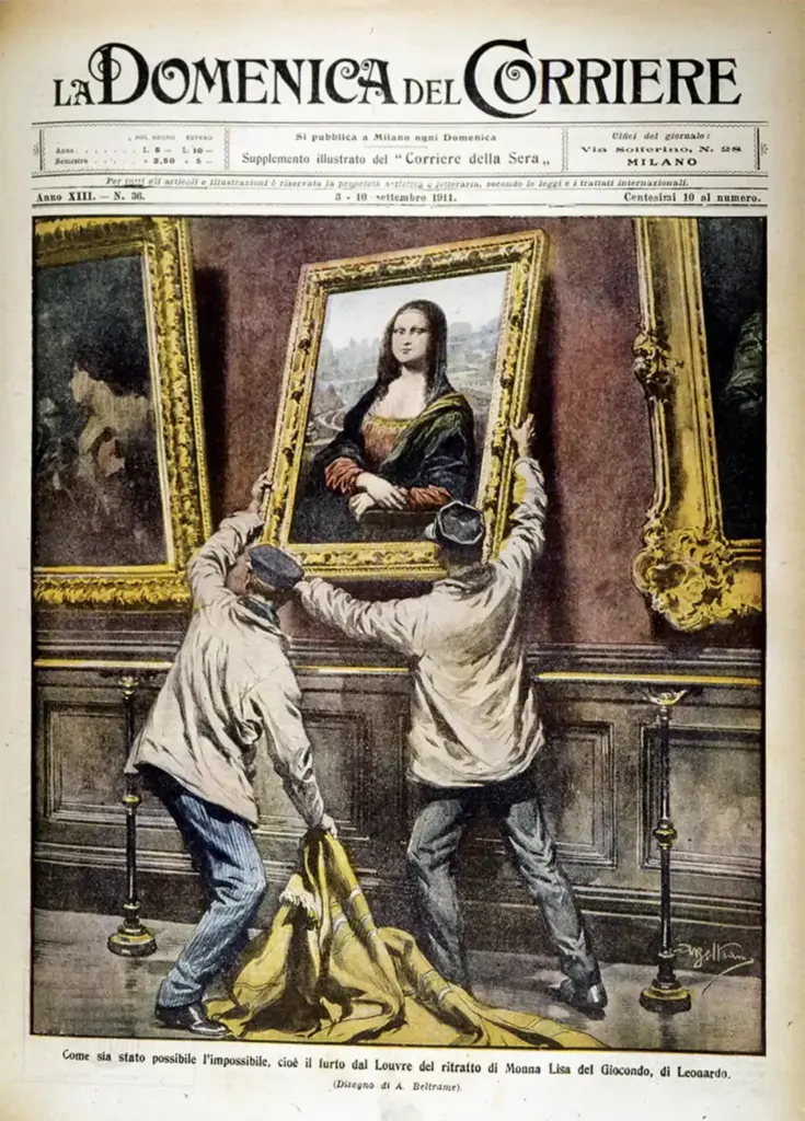 ITALY - CIRCA 2002: Theft of the Mona Lisa. Illustrator Achille Beltrame (1871-1945), from La Domenica del Corriere, 3rd-10th September 1911. (Photo by DeAgostini/Getty Images)