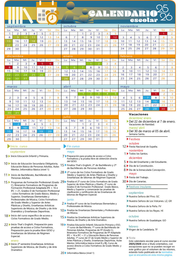 Calendario escolar en Canarias curso 2025-2026