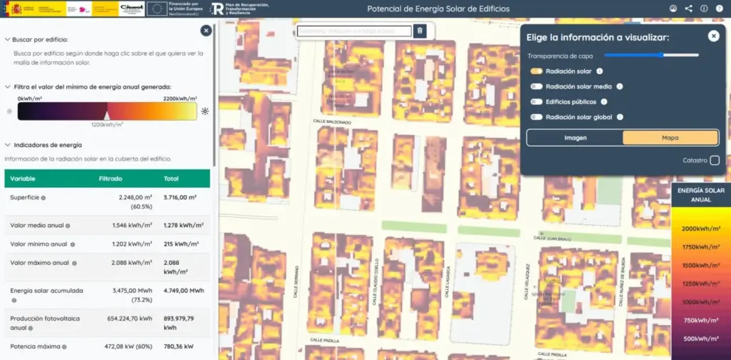 Web para conocer la capacidad solar de los tejados y cubiertas de los edificios en España