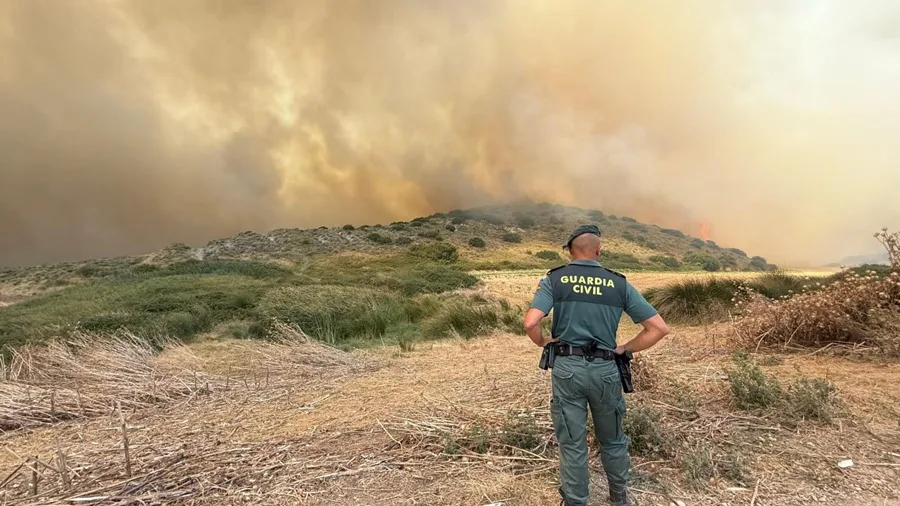 Los Bomberos de Navarra continúan trabajando en el incendio forestal declarado este martes en la zona de Obanos. EFE/Guardia Civil