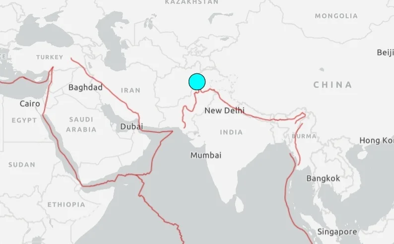 Punto en el que ha tenido lugar el seísmo entre Afganistán y Pakistán