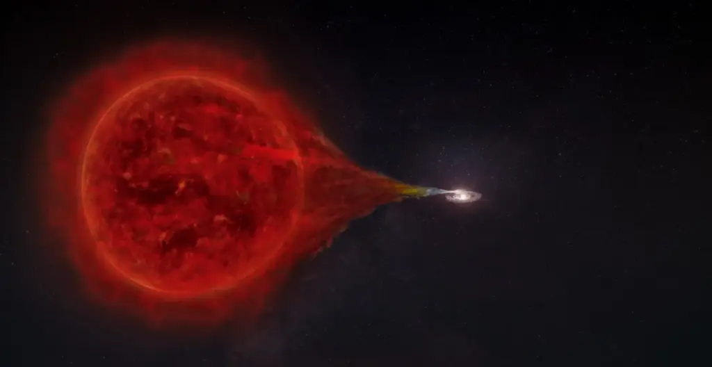 Recreación de RS Oph, la primera nova descubierta en emitir rayos gamma de muy alta energía. Este sistema binario guarda muchas similitudes con T Coronae Borealis. Crédito: Superbossa/MPP/IAC