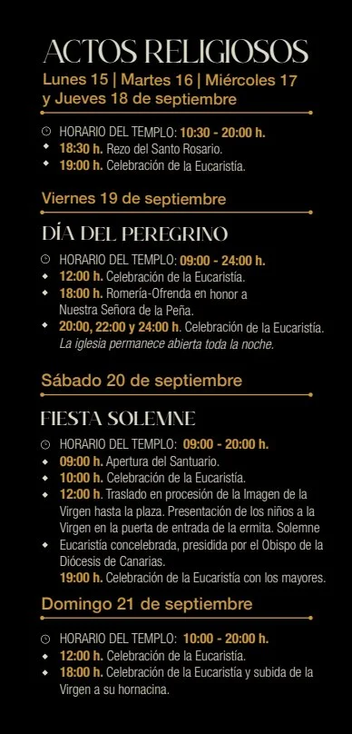 Programa de actos religiosos de las Fiestas de la Virgen de la Peña 2025