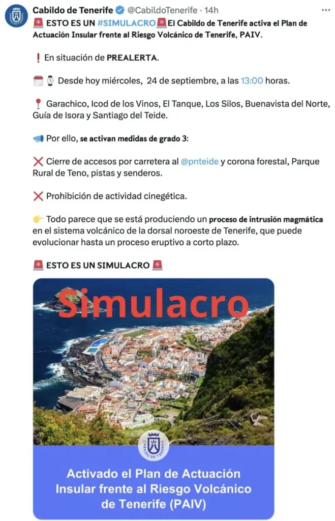 Mensaje de prealerta de erupción volcánica en Tenerife 