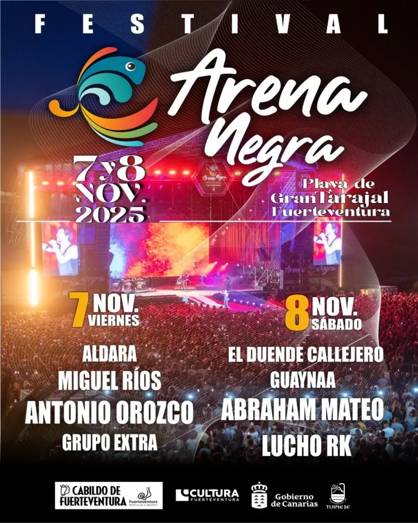 Antonio Orozco, Abraham Mateo y Miguel Ríos en el Festival Arena Negra 2025, Fuerteventura. 