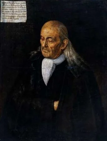 Retrato mortuorio de Bernardo de Fau. Viste ropa civil, pañuelo al cuello y el cabello largo y suelto.